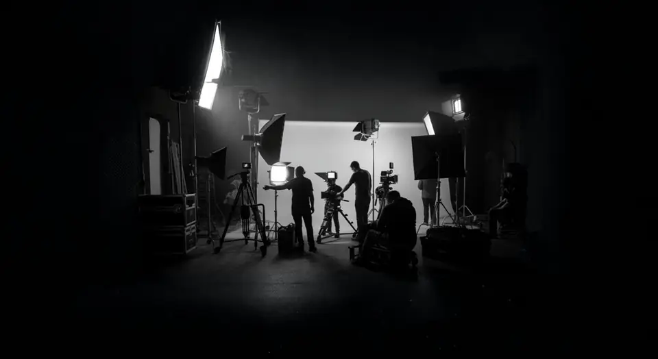 A film crew at work on a lit studio set