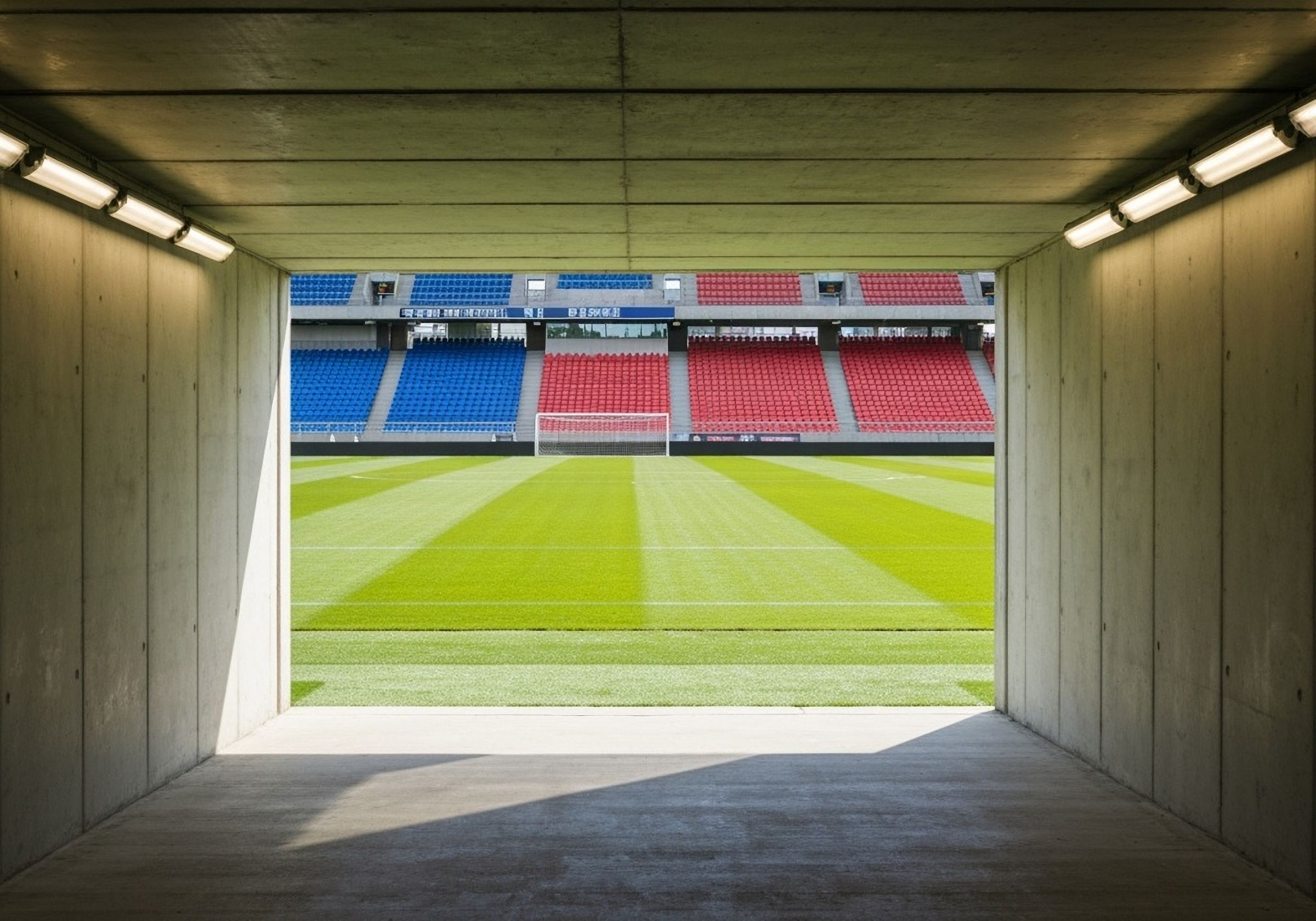 The view from the players tunnel onto a stadium pitch